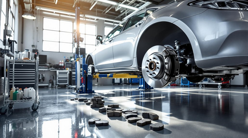 Car on a lift in an automotive repair shop, showcasing brake components and brake pads on the floor, emphasizing vehicle maintenance and brake inspection services in La Mesa.