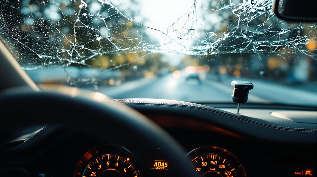 Cracked windshield viewed from inside a vehicle, highlighting the need for ADAS calibration after repairs, with dashboard indicators visible.