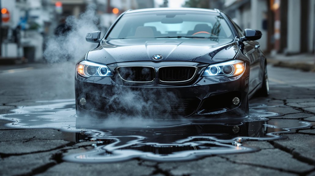 Black BMW sedan with steam rising from the engine, parked in a puddle on a cracked street, indicating potential transmission issues.