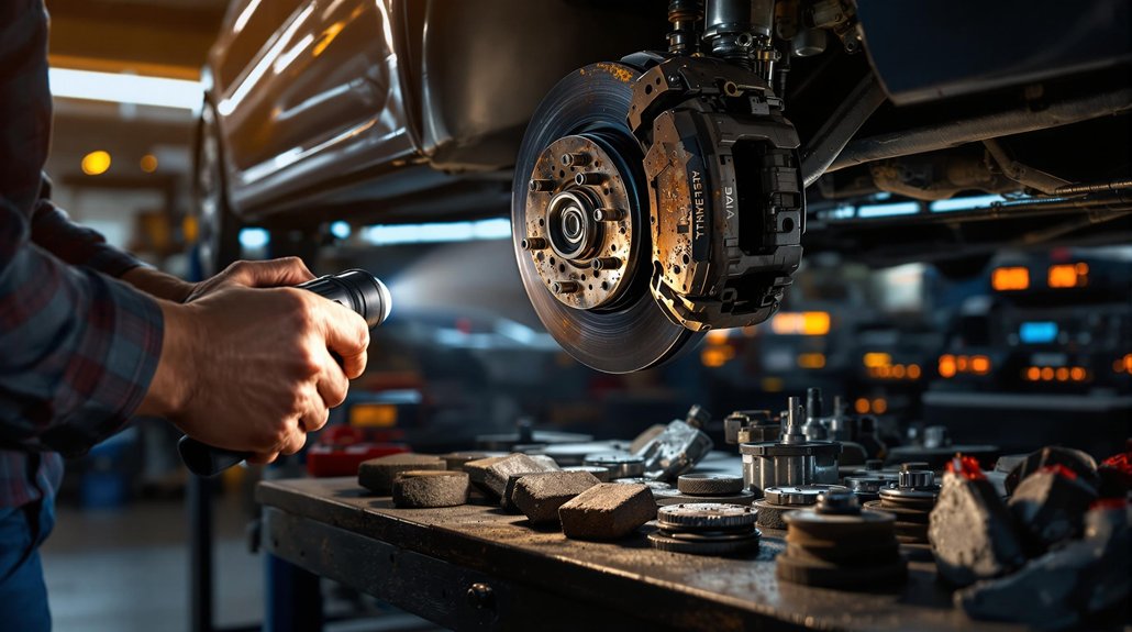 Mechanic inspecting vehicle brake system with flashlight, showcasing brake caliper and rotor, surrounded by automotive parts on workbench, emphasizing vehicle maintenance importance.