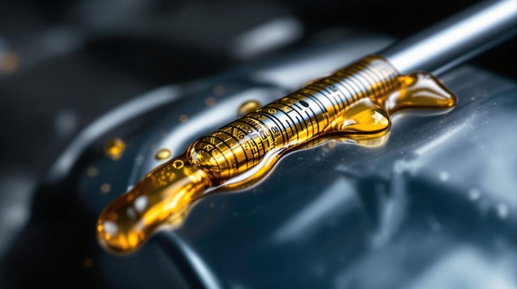 Oil dipstick with golden oil residue, highlighting oil level measurement in vehicle maintenance context.