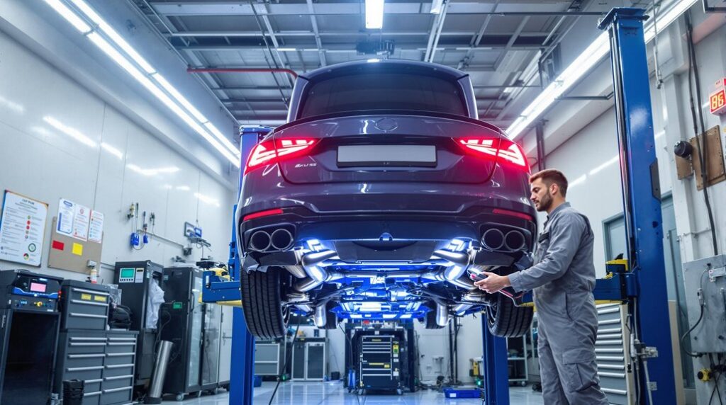 Mechanic inspecting undercarriage of a lifted vehicle in an automotive service shop, emphasizing smog inspection preparations and vehicle maintenance.