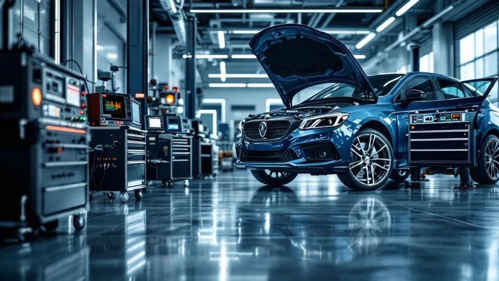 Modern automotive diagnostic shop featuring a blue car with an open hood, surrounded by advanced diagnostic equipment and tools, illustrating the importance of using current technology for accurate engine diagnostics.