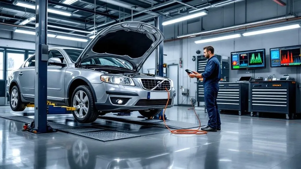 Mechanic using diagnostic equipment on a silver Volvo sedan in a modern auto repair shop, with screens displaying diagnostic data and tools in the background.