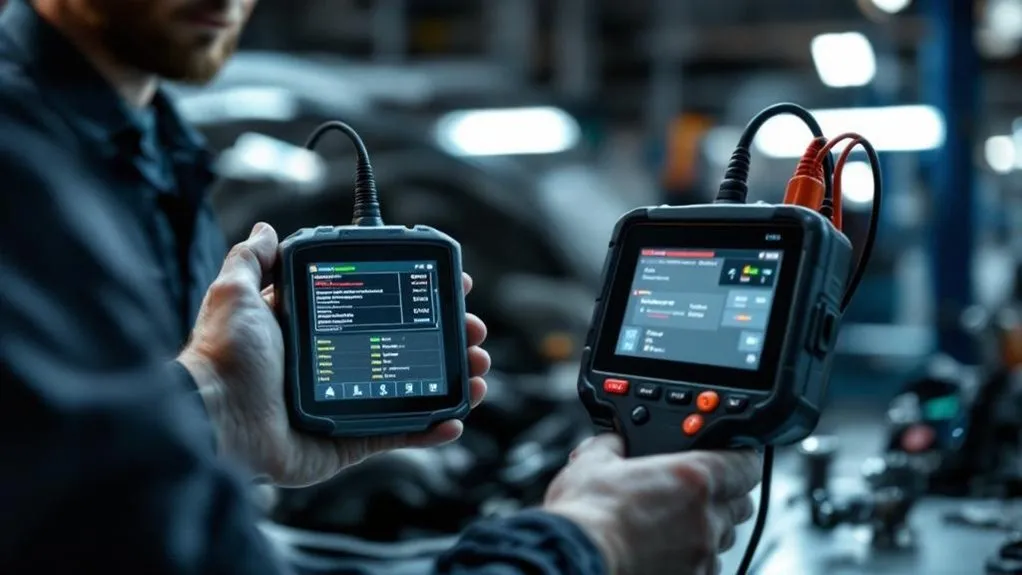 Technician holding advanced diagnostic scanners in an auto repair shop, illustrating modern engine diagnostic tools essential for accurate vehicle assessments.
