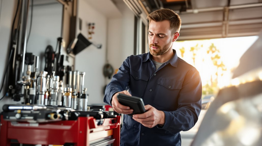 Automotive technician using diagnostic tools in garage with various equipment, emphasizing engine diagnostics and vehicle maintenance in San Diego County.