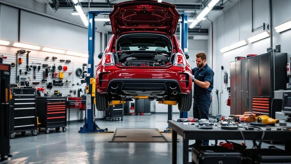 Red Fiat vehicle on a lift in an auto repair shop, with technician inspecting the engine and tools organized on nearby workbench, emphasizing expert service for Fiat owners at Euro Auto Tech & Smog.