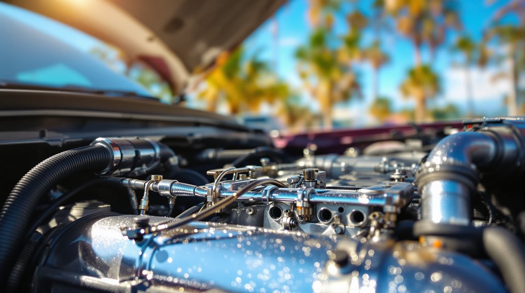 Close-up of a car engine with polished metal parts and hoses, set against a sunny background with palm trees, illustrating vehicle maintenance and air conditioning preparation for summer in San Diego County.