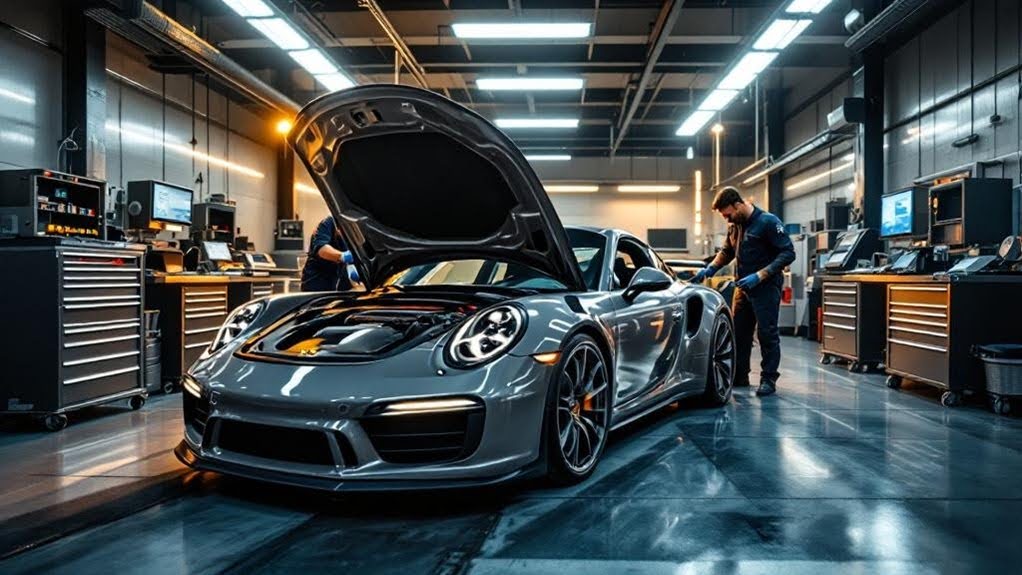 Porsche 911 Turbo being serviced by ASE-certified technician in a modern auto repair shop with diagnostic equipment.