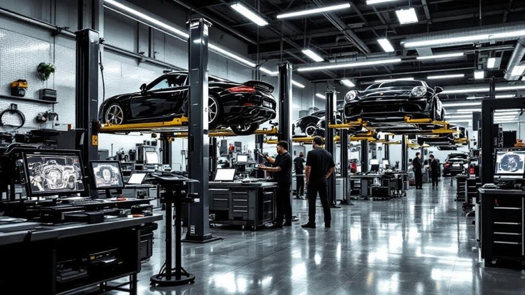 Porsche vehicles on hydraulic lifts in a modern auto repair shop with technicians performing diagnostics and maintenance.