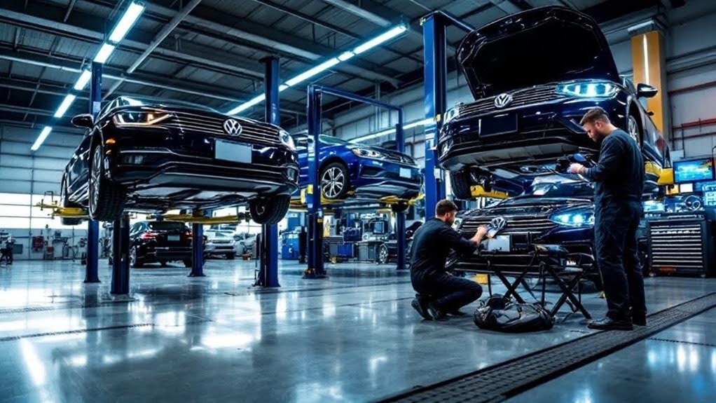 Volkswagen vehicles being serviced by ASE-certified technicians in a modern auto repair shop, featuring advanced diagnostic equipment and multiple cars on lifts.