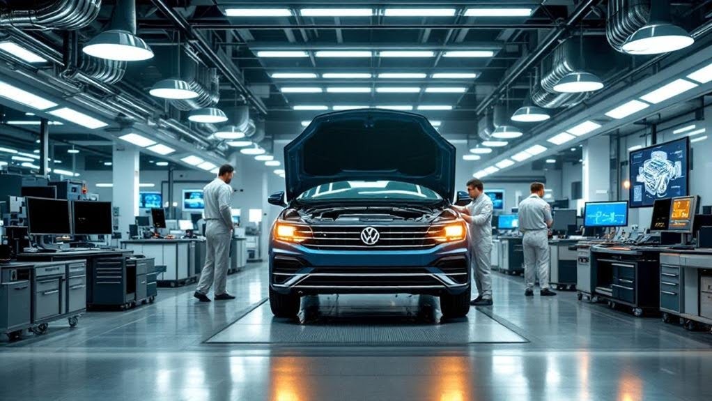 Volkswagen vehicle in modern auto repair shop with technicians performing diagnostics, specialized equipment in background, emphasizing precision automotive care and advanced diagnostics for VW models.